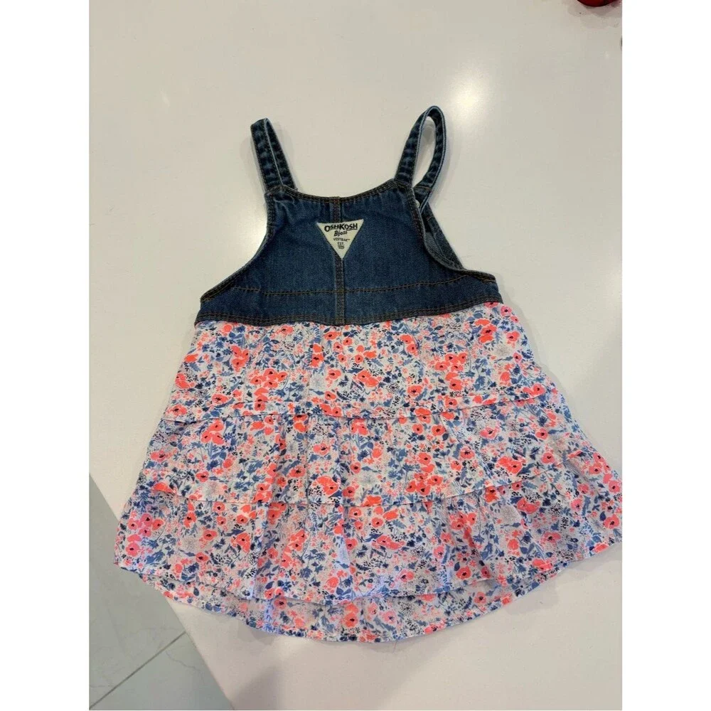 OshKosh B’gosh Toddler Denim Floral Overall Dress Ruffle Skirt Blue Pink- 24M